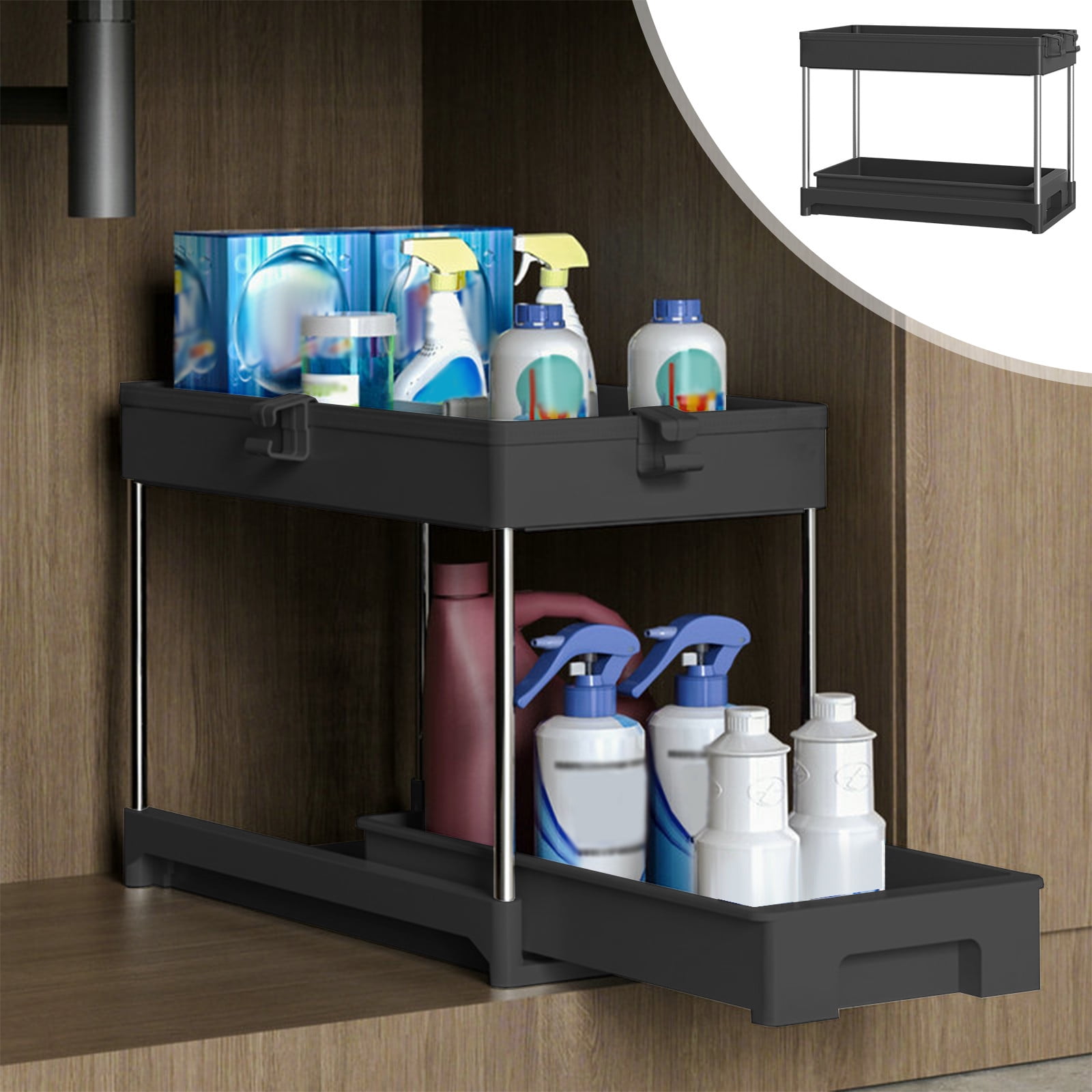 Yika 1 Pack Under Sink Organizer, 2 Tier Bathroom Cabinet Organizer with Sliding Basket, Multi-Purpose Under Sink Organizers and Storage for Bathroom Kitchen