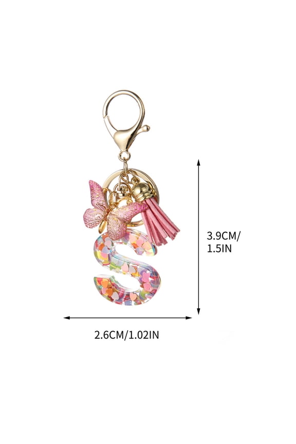 26 Letter Keychain Initial Keyring Alphabet Resin Flower Key Chain with Butterfly Tassel Pendant Handbag Purse Charm Pink Petal S