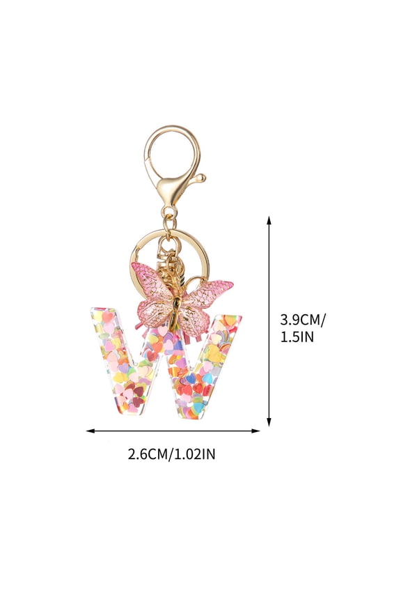 26 Letter Keychain Initial Keyring Alphabet Resin Flower Key Chain with Butterfly Tassel Pendant Handbag Purse Charm Pink Petal W