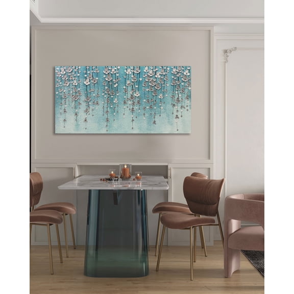 Yika Art 3D Paintings 24X48 Inch Modern Abstract Oil Painting Hand Painted On Canvas Abstract Artwork Picture Wall Decoration for living room - Silver Flower Wall Art