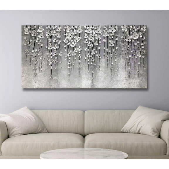 Yika Art 3D Paintings 24X48 Inch Modern Abstract Oil Painting Hand Painted On Canvas Abstract Artwork Picture Wall Decoration for living room - Silver Flower Wall Art