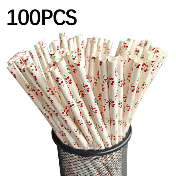 Yika Drinking Straw Clearance Disposable Kraft Paper Straw Cool Summer Fruit Pattern Paper Straw 100pc Cherry
