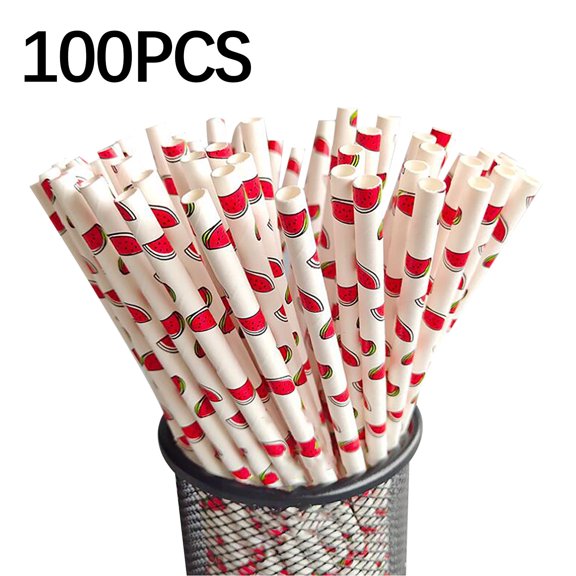 Yika Drinking Straw Clearance Disposable Kraft Paper Straw Cool Summer Fruit Pattern Paper Straw 100pc Watermelon