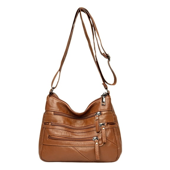 Yika Women Soft Washed Leather Shoulder Bag Multi-Zip Spacious Large Capacity Handbag For Daily Use Travel Work Shopping Necessity