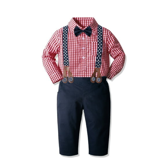 Yilaku Baby Boy Dress Clothes, Baby Boy Gentleman Outfits,Baby Boy Suits Sets,Shirt with Bowtie Suspender Pants (12-18 Months,Red)