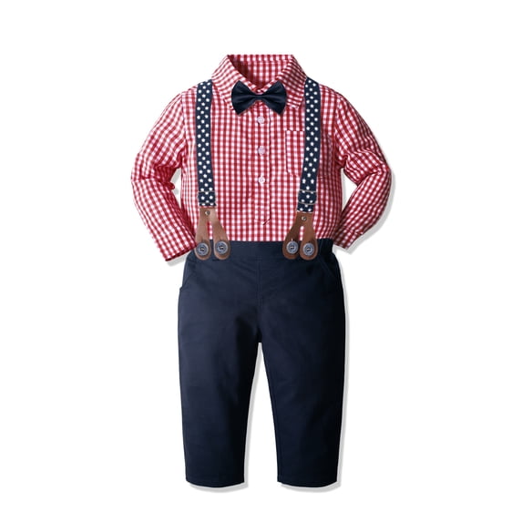 Yilaku Baby Boy Dress Clothes, Baby Boy Gentleman Outfits,Baby Boy Suits Sets,Shirt with Bowtie+Suspender Pants (9-12 Months,Red)