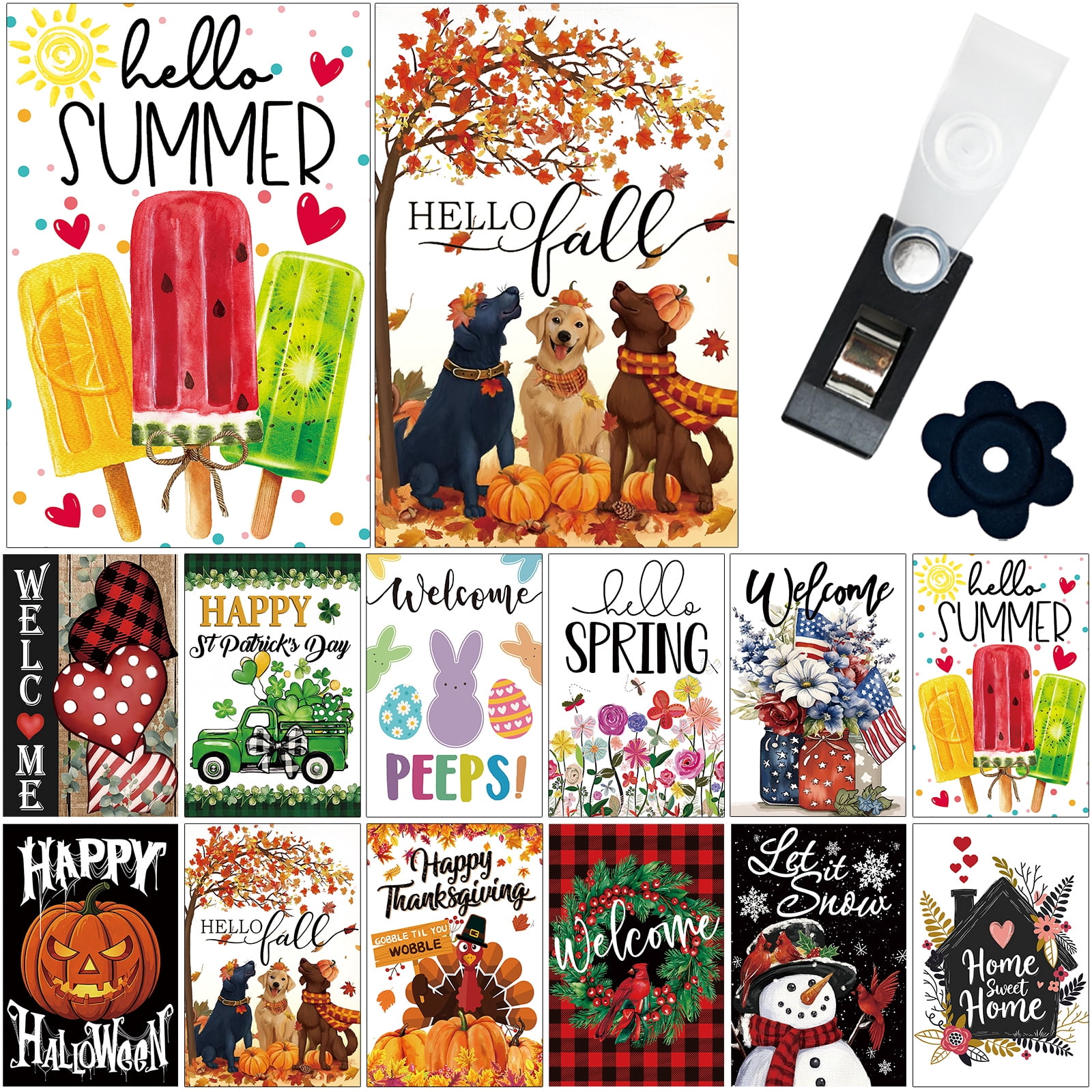 Yileqi Seasonal Garden Flag Set of 12 Double Sided 12x18 Inch Small Yard Flags, Easter 4th of July Halloween Christmas Garden Flags for Outside, Includes Free A