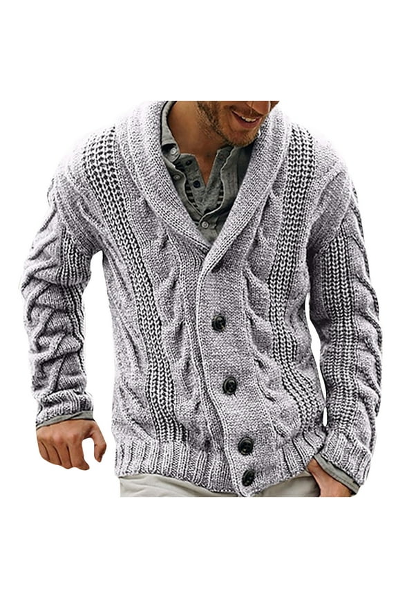 Cable Knit Shawl Collar Sweater for Men Fall and Winter Long Sleeve Warm and Thermal Top Clothes ,Gray,S