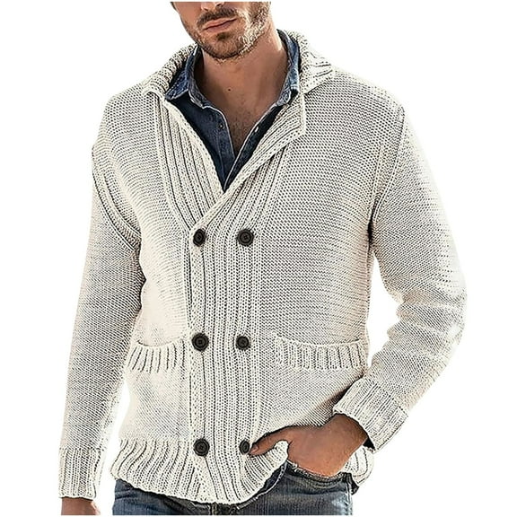 Yiliang Cable Knit Shawl Collar Sweater for Men Fall and Winter Long Sleeve Warm and Thermal Top Clothes ,White,XL