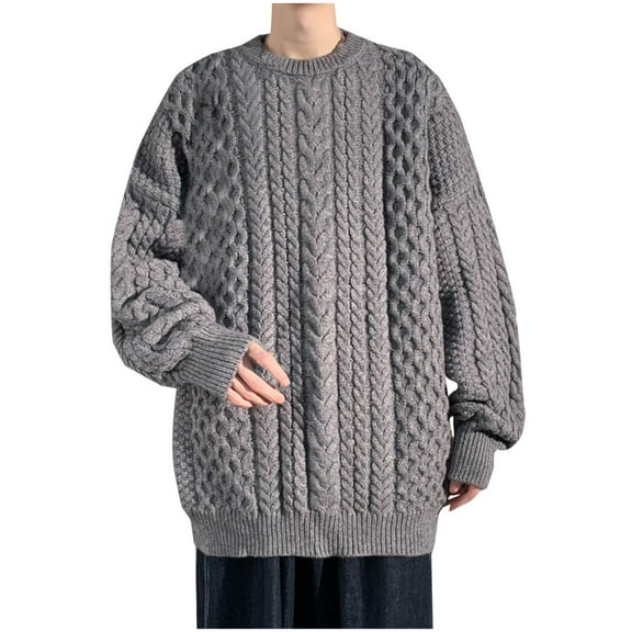 Yiliang Cable knit Classic Sweater for Men Fall and Winter Long Sleeve Warm and Thermal Top Clothes ,Gray,L