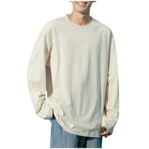 Yiliang Cotton Long Sleeve Shirts for Men Comfort Pullover Sport Activewear Tops Pastel Color Clothing,Beige,2XL