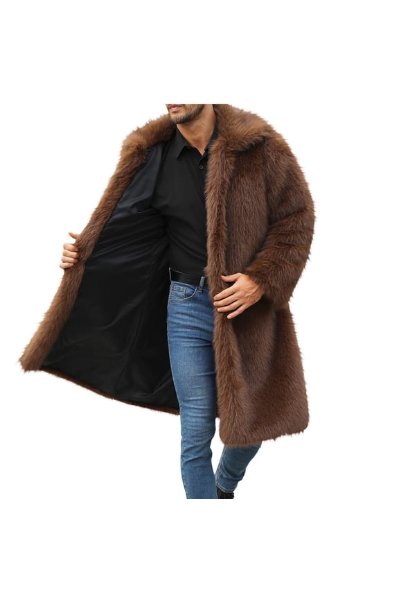 Men's Faux Fur Coat Winter Long Faux Mink Coat Fluffy Thick Trench Coat for Men ,Coffee,XL