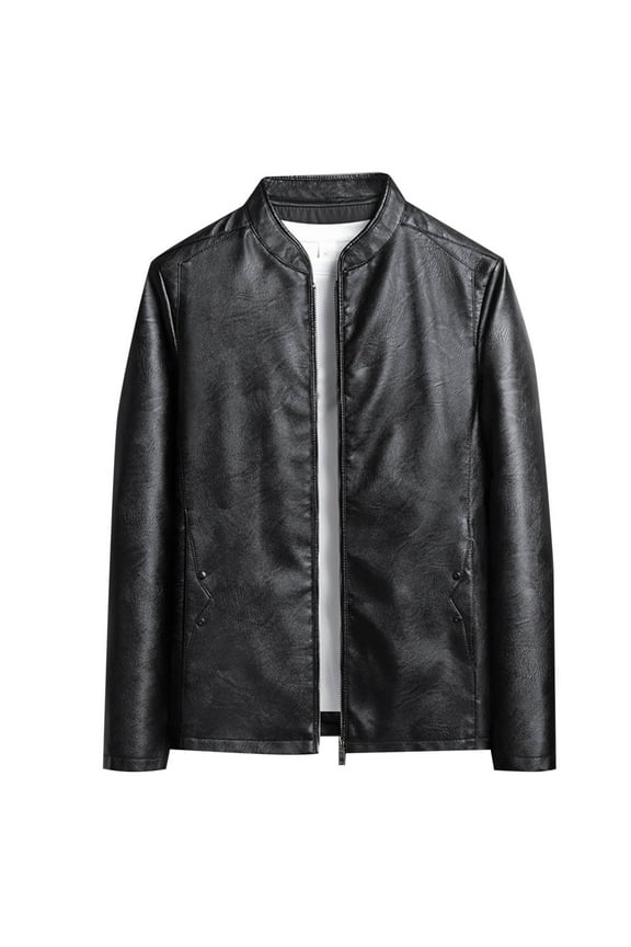 Men's Faux Leather Jacket Business Occasion Zip Up Coar Windbreaker Fashionable Clothes,Black,L