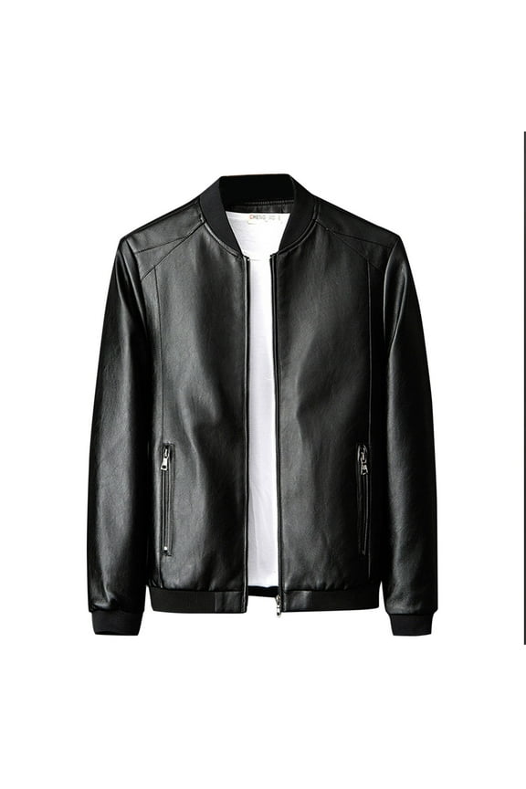 Men's Faux Leather Jacket Business Occasion Zip Up Coar Windbreaker Fashionable Clothes,Black,M