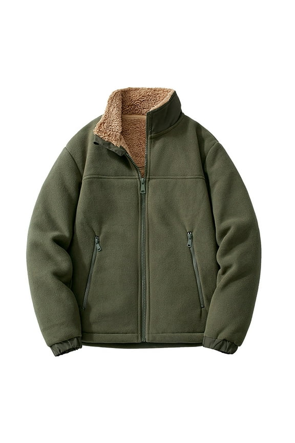 Men's Solid Color Fleece Long Sleeved Stand Up Collar Drawstring Zipper Pocket Lambskin Jacket Jacket,Army Green,XL