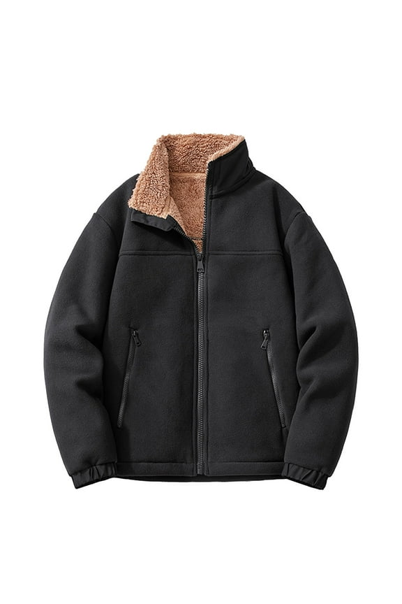 Men's Solid Color Fleece Long Sleeved Stand Up Collar Drawstring Zipper Pocket Lambskin Jacket Jacket,Black,4XL