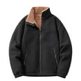 thumbnail image 1 of Yiliang Men's Solid Color Fleece Long Sleeved Stand Up Collar Drawstring Zipper Pocket Lambskin Jacket Jacket,Black,XL, 1 of 3