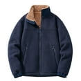 thumbnail image 1 of Yiliang Men's Solid Color Fleece Long Sleeved Stand Up Collar Drawstring Zipper Pocket Lambskin Jacket Jacket,Dark Blue,M, 1 of 3