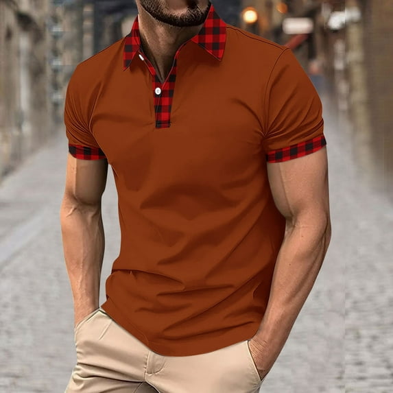 Yiliang Mens Classic Red and Black Color Contrasting Shirt Structured Collar T Shirts Casual Short Sleeve Top Button Down Summer Business Ready Tee