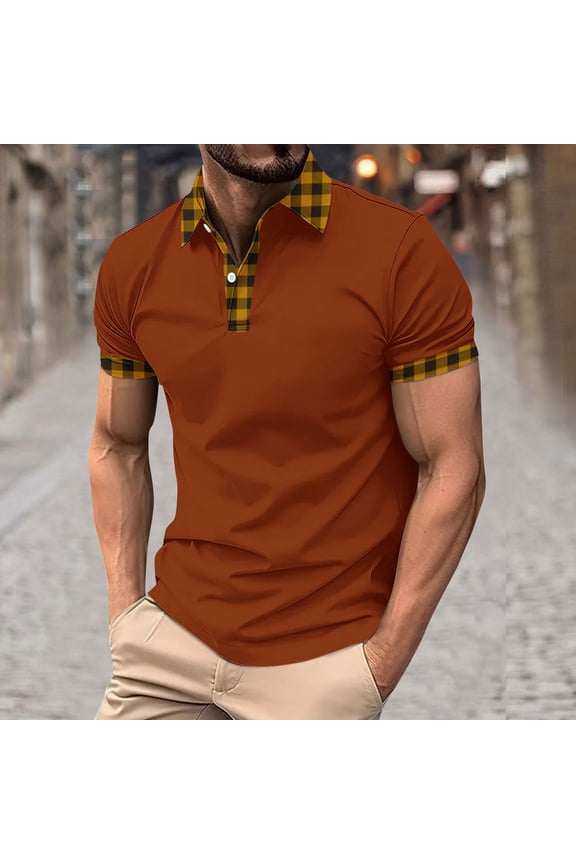 Mens Earth Tone Palette Color Blocking Polo Shirt Classic Checkered T Shirts Casual Short Sleeve Top Button Down Summer Business Ready Tee
