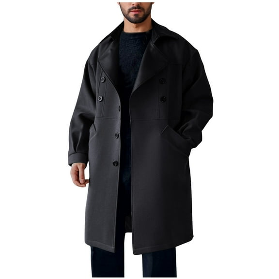 Yiliang Mens Long Pea Coat Notched Collar Neutral Color Trench Coat Loose Fit Windbreaker Overcoat ,Black,3XL