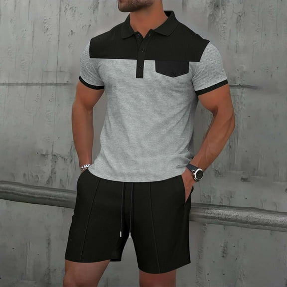 Yiliang Mens Lounge Set Turn Down Collar T Shirt with Drawstring Shorts Slim Fit 2 Piece