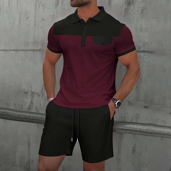 Yiliang Mens Lounge Set Turn Down Collar T Shirt with Drawstring Shorts Slim Fit 2 Piece