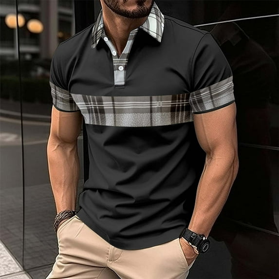 Yiliang Mens No Iron Stretch Comfort Polo Shirt Classic Checkered Modern Fit Structured Collar Retro Top
