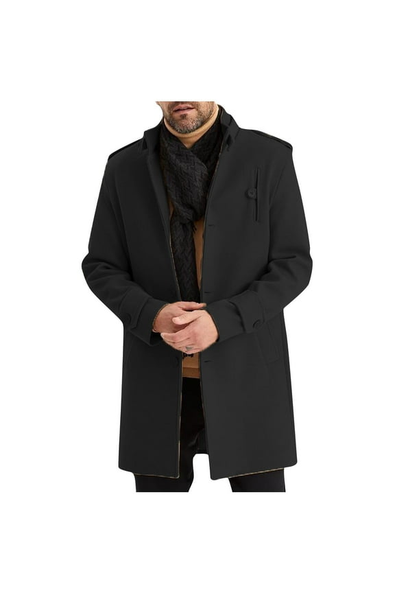 Mens Pea Jacket Pea Coats Dress Classic Notched Collar Wool Blend for Winter Season,Black,M