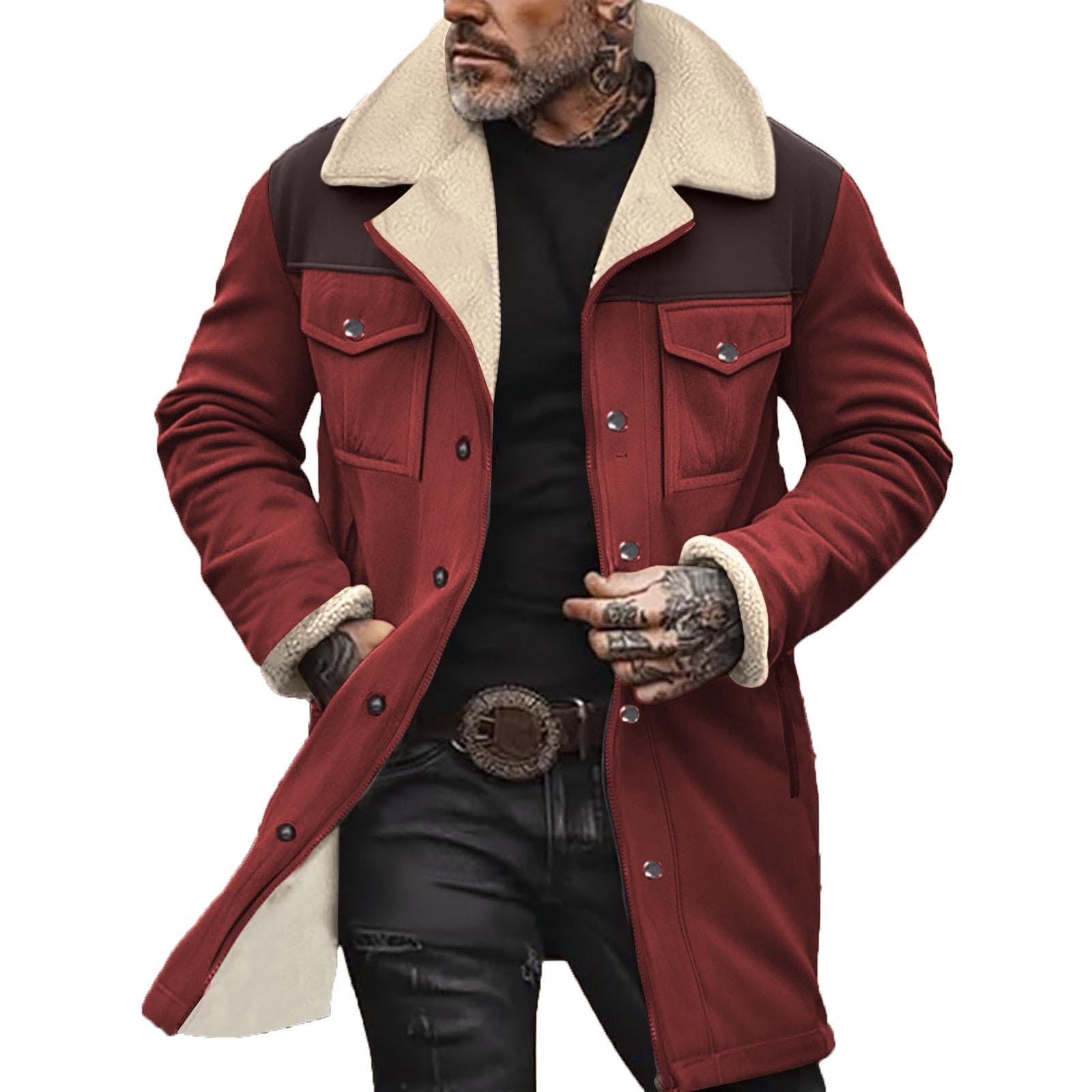 Yiliang Mens Pea Jacket Sherpa Lined Y2K Classic Notched Collar