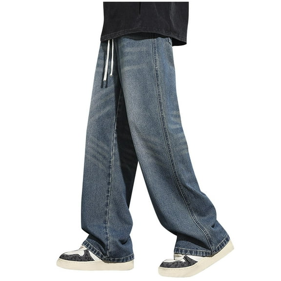 Yiliang Mens Straight Leg Jeans Men's Streetwear Denim Jeans Urban Hip Hop Style Available in Blue and Dark Blue Wash