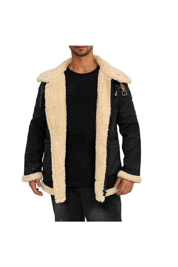 Mens Suede Classic Jacket Sherpa Collar Coat Timeless Color Warm Thermal Heated Clothes for Winter Season ,Black,XL