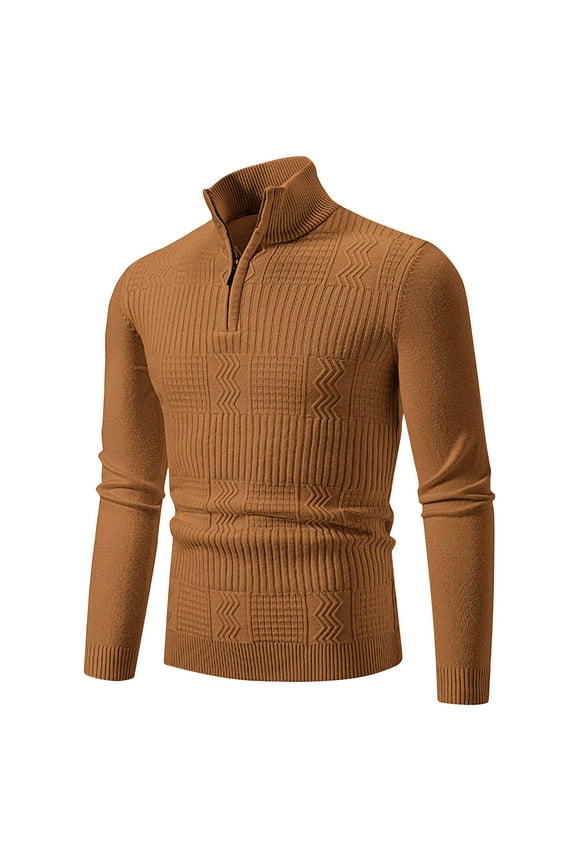 Mens Sweater Quarter Zip Stand Up Collar Polo Jackets Fall and Winter Long Sleeve Warm and Thermal Top Clothes ,Gold,3XL
