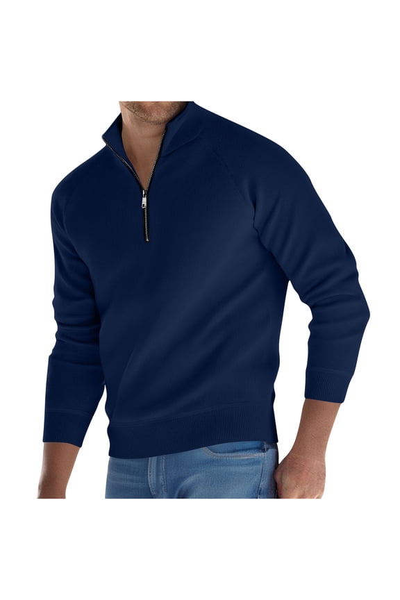 Mens Sweater Quarter Zip Stand Up Collar Polo Jackets Fall and Winter Long Sleeve Warm and Thermal Top Clothes ,Navy,M