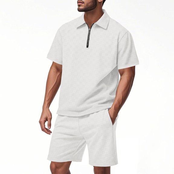 Yiliang Mens T Shirt and Shorts Set 2 Piece Casual Outfit Half Zipper Top Poly Shirts for Summer Lightweight and Breathable