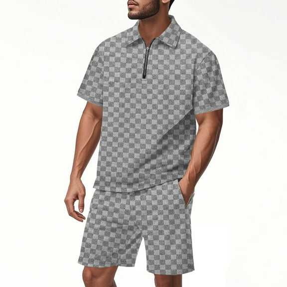 Yiliang Mens T Shirt and Shorts Set 2 Piece Casual Outfit Half Zipper Top Poly Shirts for Summer Lightweight and Breathable