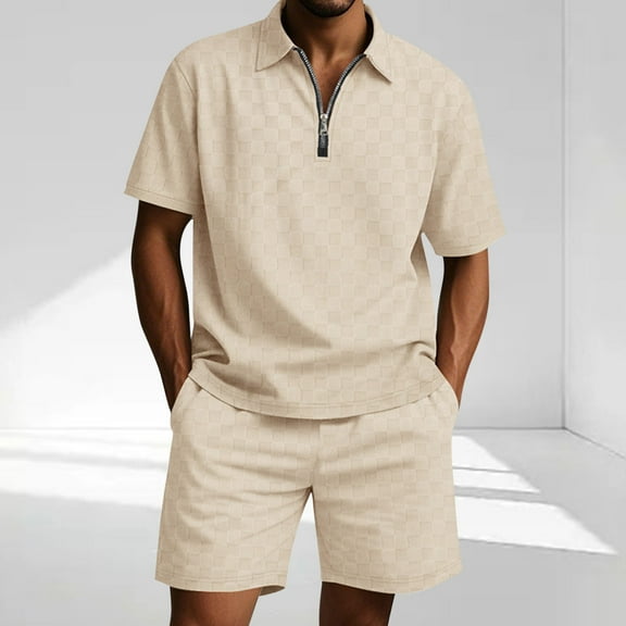 Yiliang Mens T Shirt and Shorts Set 2 Piece Casual Outfit Half Zipper Top Poly Shirts for Summer Lightweight and Breathable