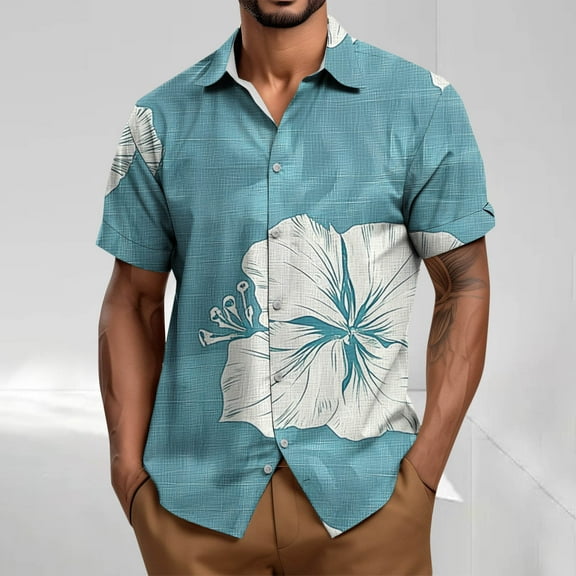 Yiliang T Shirt for Men Men's Hawaiian T Shirt Short Sleeve Floral Print Button Down Beachwear Top Dyeing and Printing Patchwork Shirt
