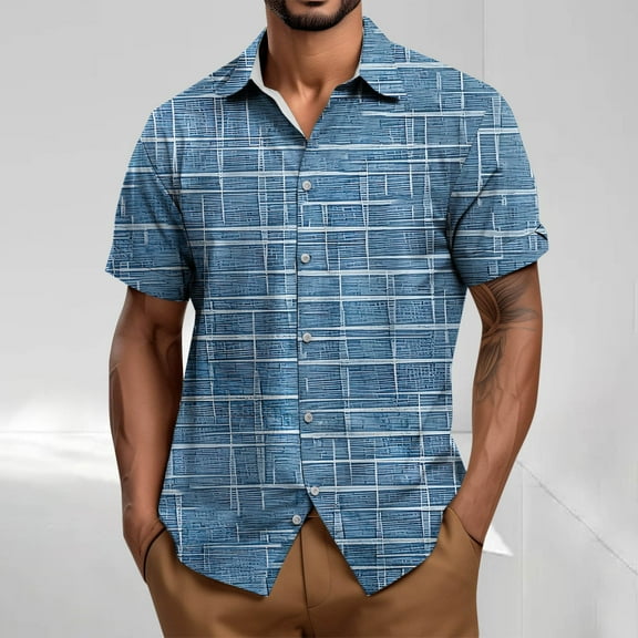 Yiliang T Shirt for Men Men's Short Sleeve Plaid Button Down T Shirt Casual Summer Beachwear Top
