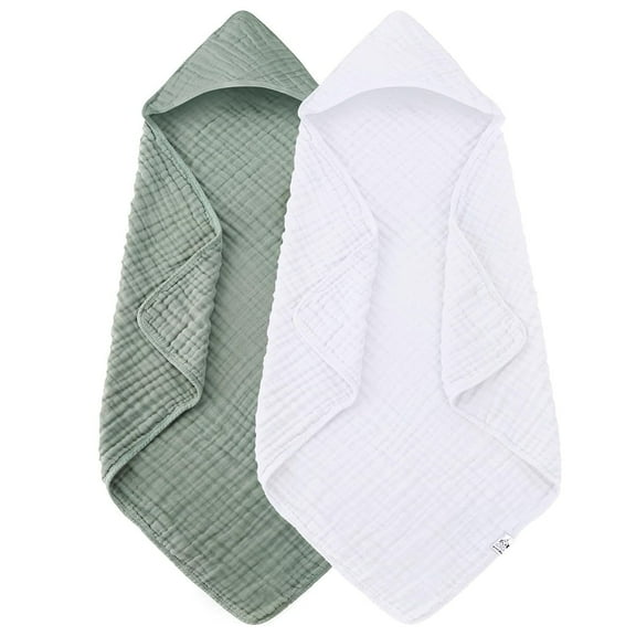 Yiliangx 2 Packs Hooded Baby Towels - Muslin Cotton for Newborns, Infants, Toddlers - Large 31x31'' - Highly Absorbent and Essential,(Green+White)