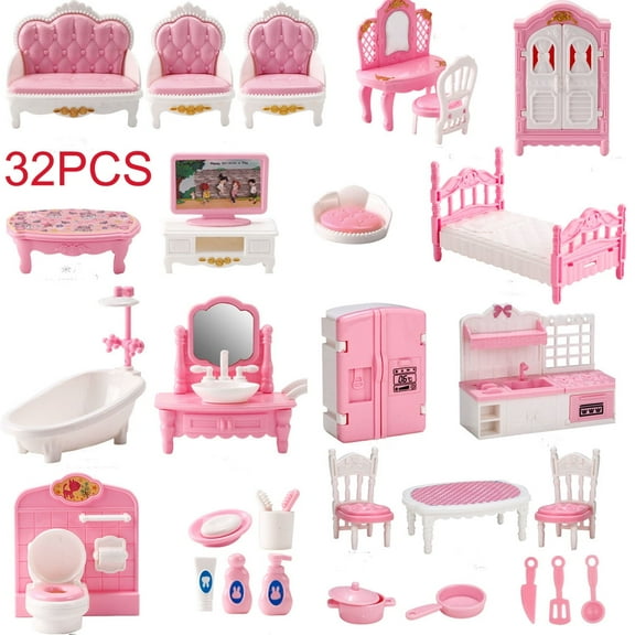 Yiliangx 32Pieces Dollhouse Furniture Set Mini House Accessories with Bedroom Living Room Bathroom Kitchen Miniature 1:12 Furniture Accessories Model for Kids(A Set)