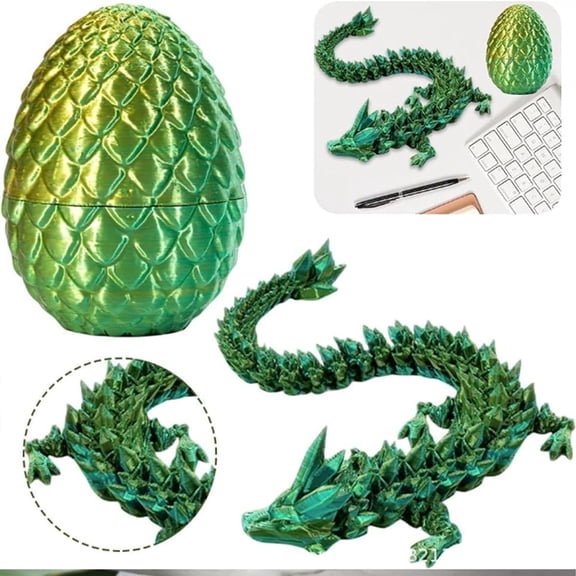 3D Printed Dragon Egg with Articulated Crystal Dragon Inside | Movable Fidget Desk Toy Fantasy Home Office Decor Unique Gift Idea (Laser Yellow Green)
