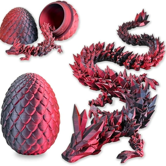 Articulated Crystal Dragon in Egg - 3D Printed Fidget Desk Toy for Stress Relief, Home Office Decor Gift for Adults & Teens ( Laser Black Red)