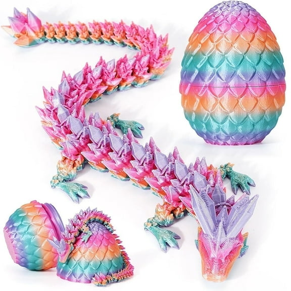 Articulated Crystal Dragon in Egg - 3D Printed Fidget Desk Toy for Stress Relief, Home Office Decor Gift for Adults & Teens(Rainbow Candy)