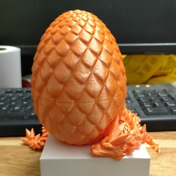3D Printed Dragon Egg with Articulated Crystal Dragon Inside | Movable Fidget Desk Toy | Fantasy Home Office Decor | Unique Gift Idea (Silk Orange)