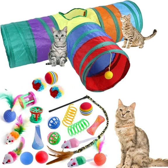Yiliangx Cat Toys Kitten Interactive Pet Toys Assortments, Foldable Rainbow Tunnel, Teaser Wand Fluffy Mouse Crinkle Balls Bell Play for Puppy Kitty -3 way,22Pcs