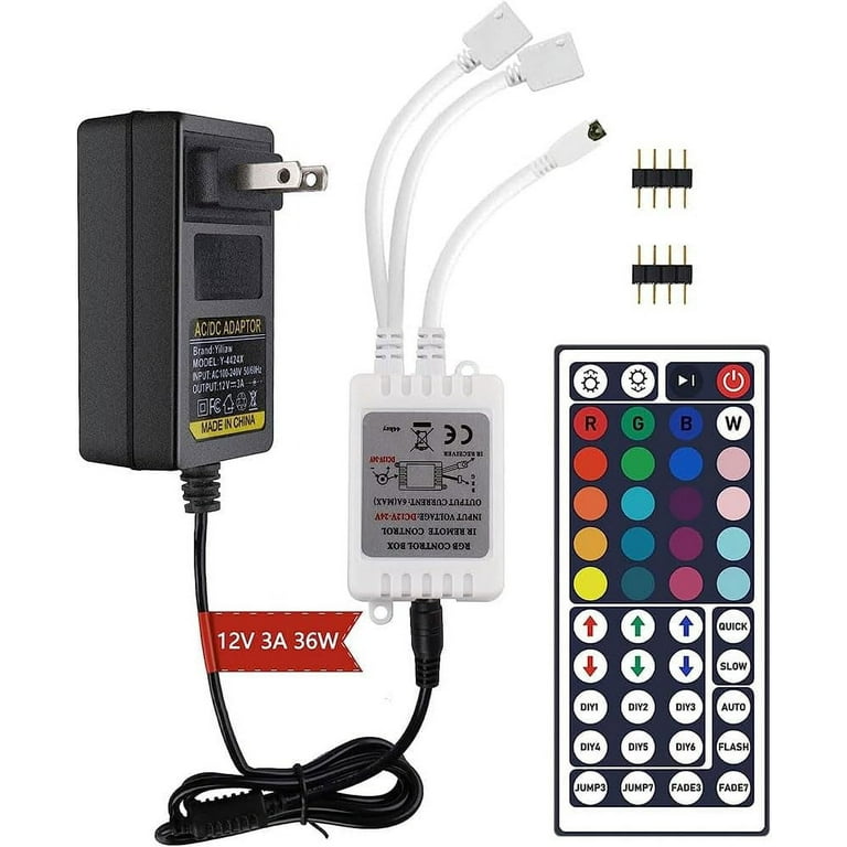 Yiliaw 44 Keys IR Remote Controller Kit - Includes Wireless Rectifier  Control Box and DC 12V 3A Power Supply Adapter - Replacement Control for  SMD RGB LED Strip Lights 44-Key remote controller
