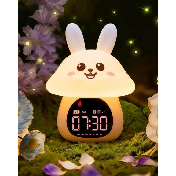 Yiliaw Sleep Training Alarm Clock with Night Light for Kids - Ok to Wake Clock with Dual Alarms, Night Light & RGB Colors, 6 Alarm Tones & White Noise, Rechargeable Clock for Boys & Girls, Bunny