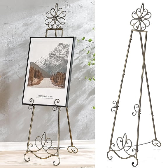 Yilifebes 63'' Vintage Heavy‑Duty Adjustable Metal Floor Easel Stand with Chain Support for Wedding Sign Poster Display