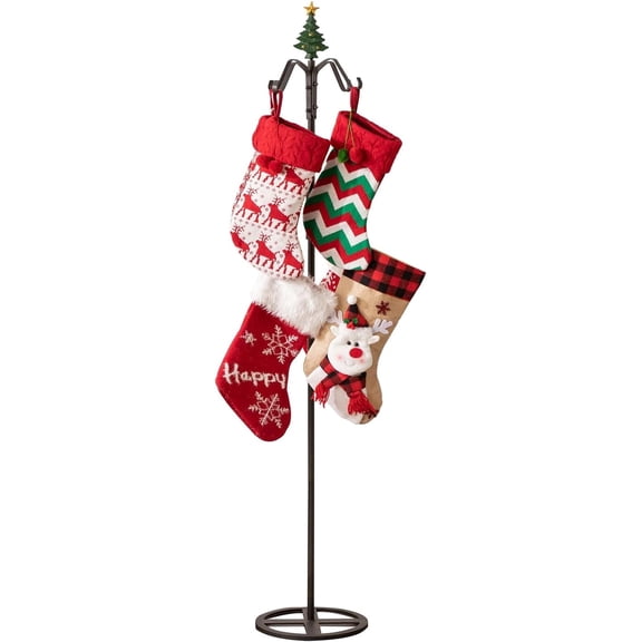 Yilifebes 67 in Freestanding Christmas Stocking Holder Stand, Metal Floor Stocking Hanger with 8 Hooks, Cast Iron Christmas Tree Top for Holiday Home Decor